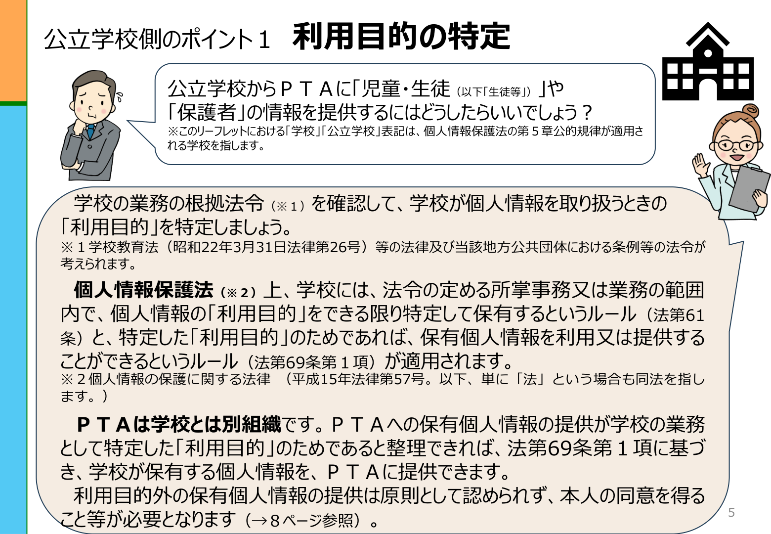 PPC資料5ページ、学校側のポイント1、利用目的の特定と法第61条・法第69条第1項の説明