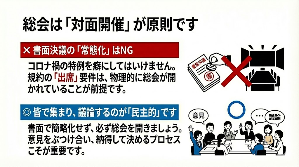PTA総会の開催方法と議論の重要性を示す図解